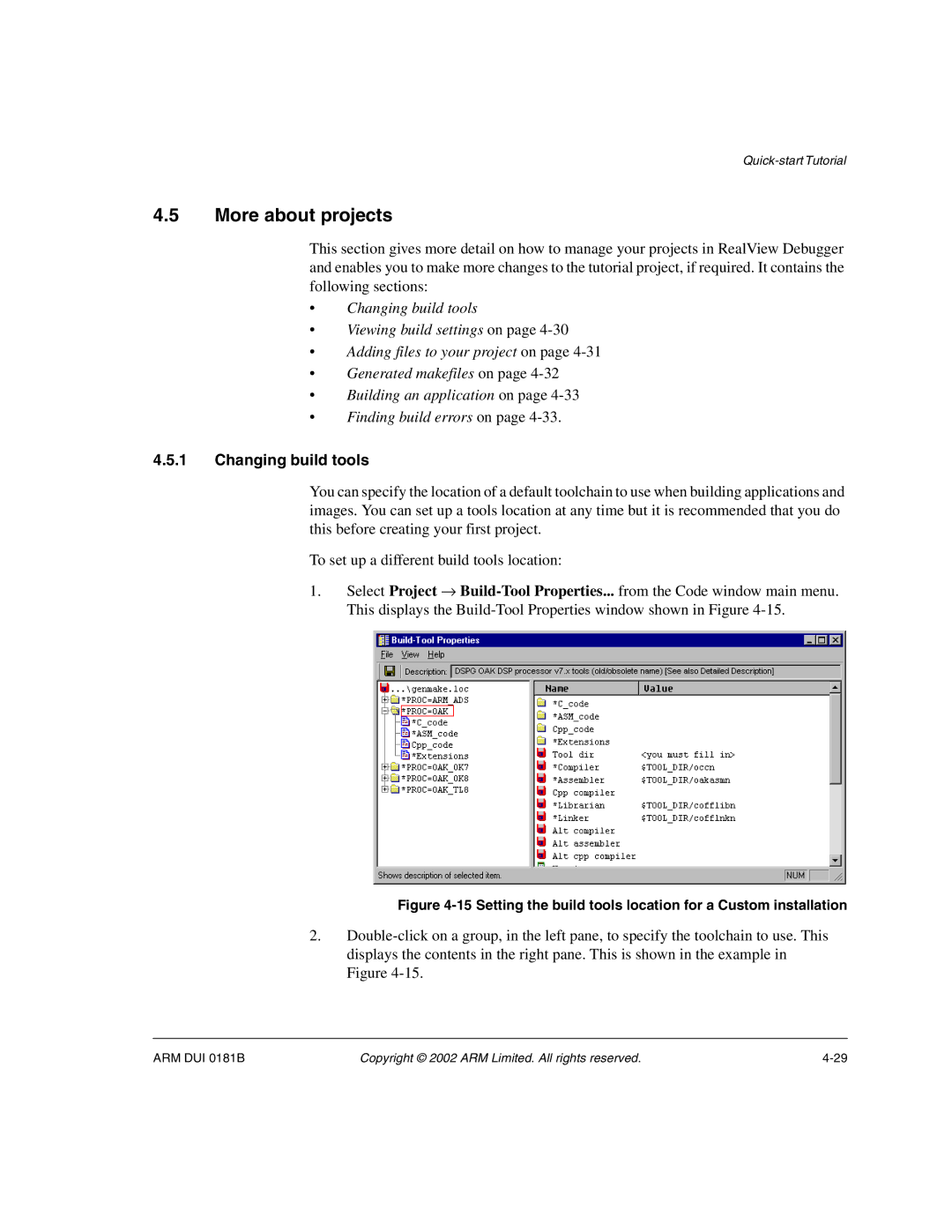 ARM Version 1.6 manual More about projects, Changing build tools 