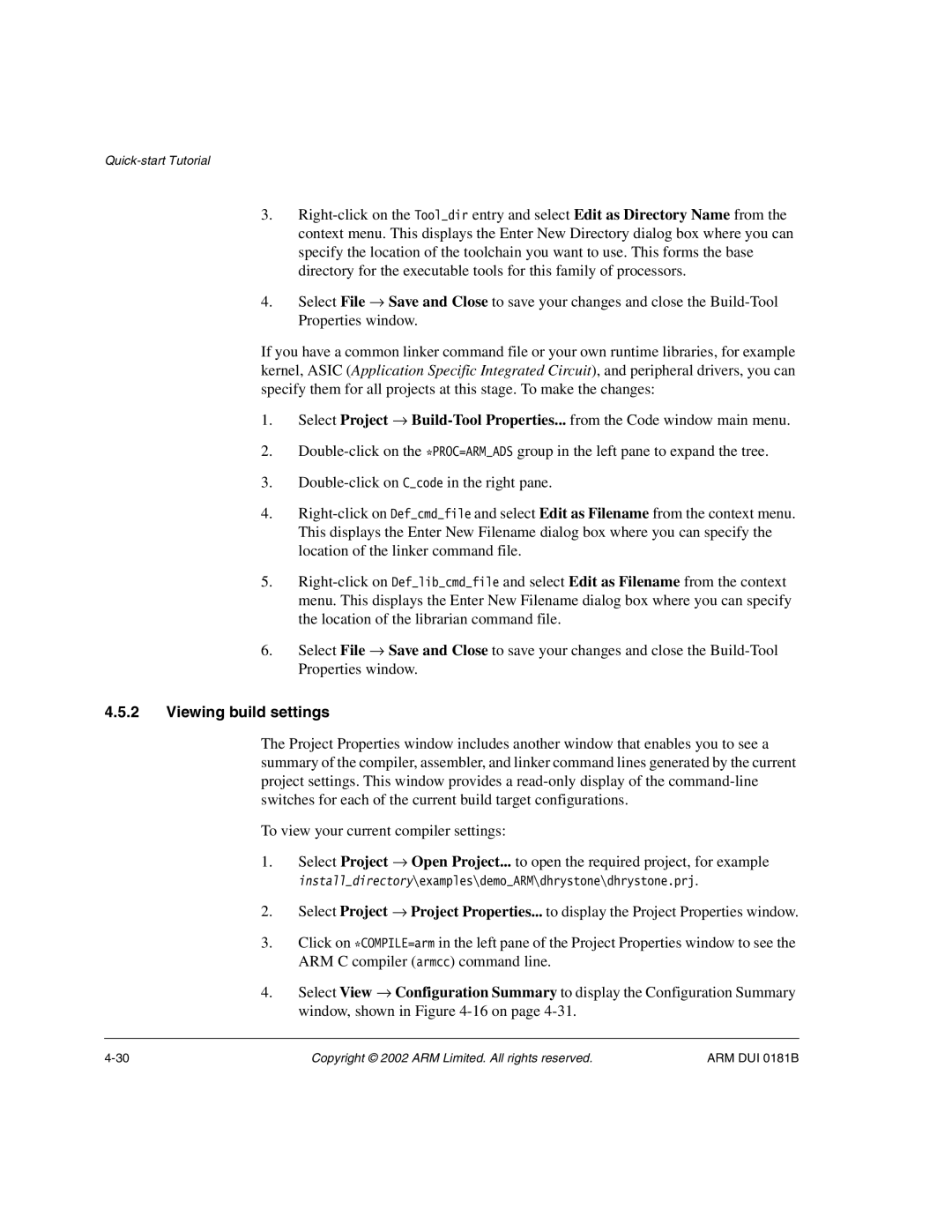 ARM Version 1.6 manual Viewing build settings 