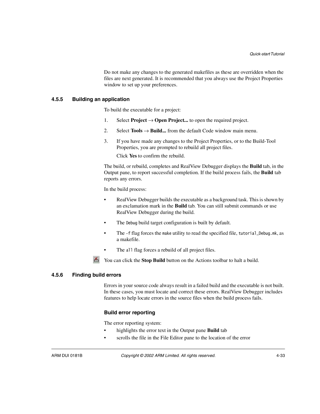 ARM Version 1.6 manual Building an application, Finding build errors, Build error reporting 