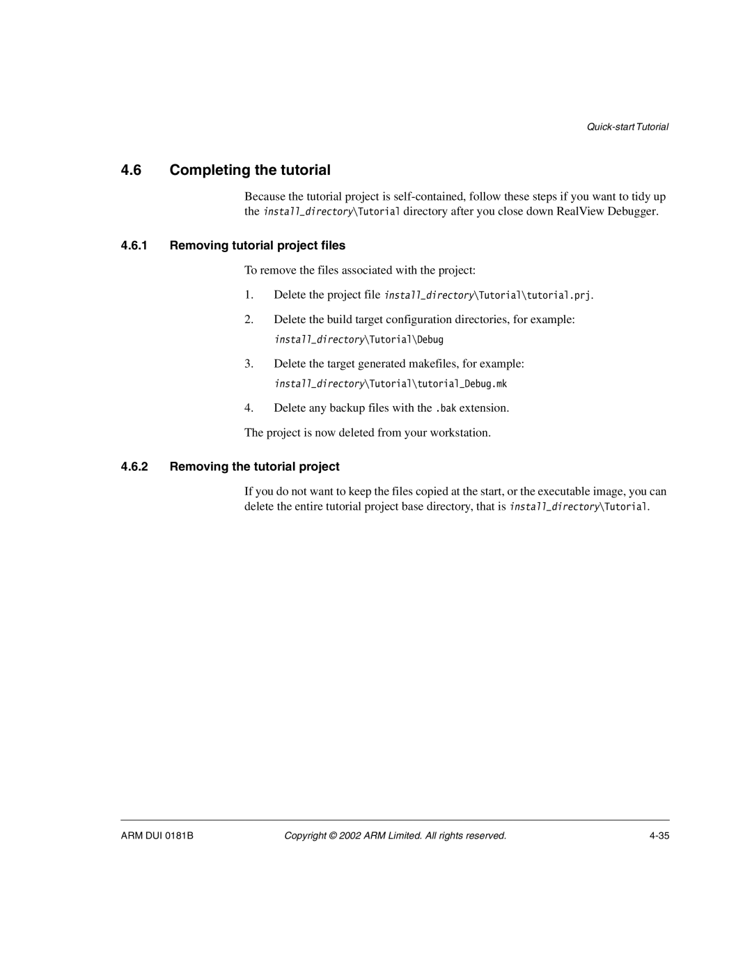 ARM Version 1.6 manual Completing the tutorial, Removing tutorial project files, Removing the tutorial project 