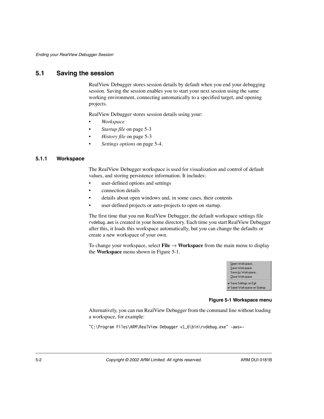 ARM Version 1.6 manual Saving the session, Workspace 
