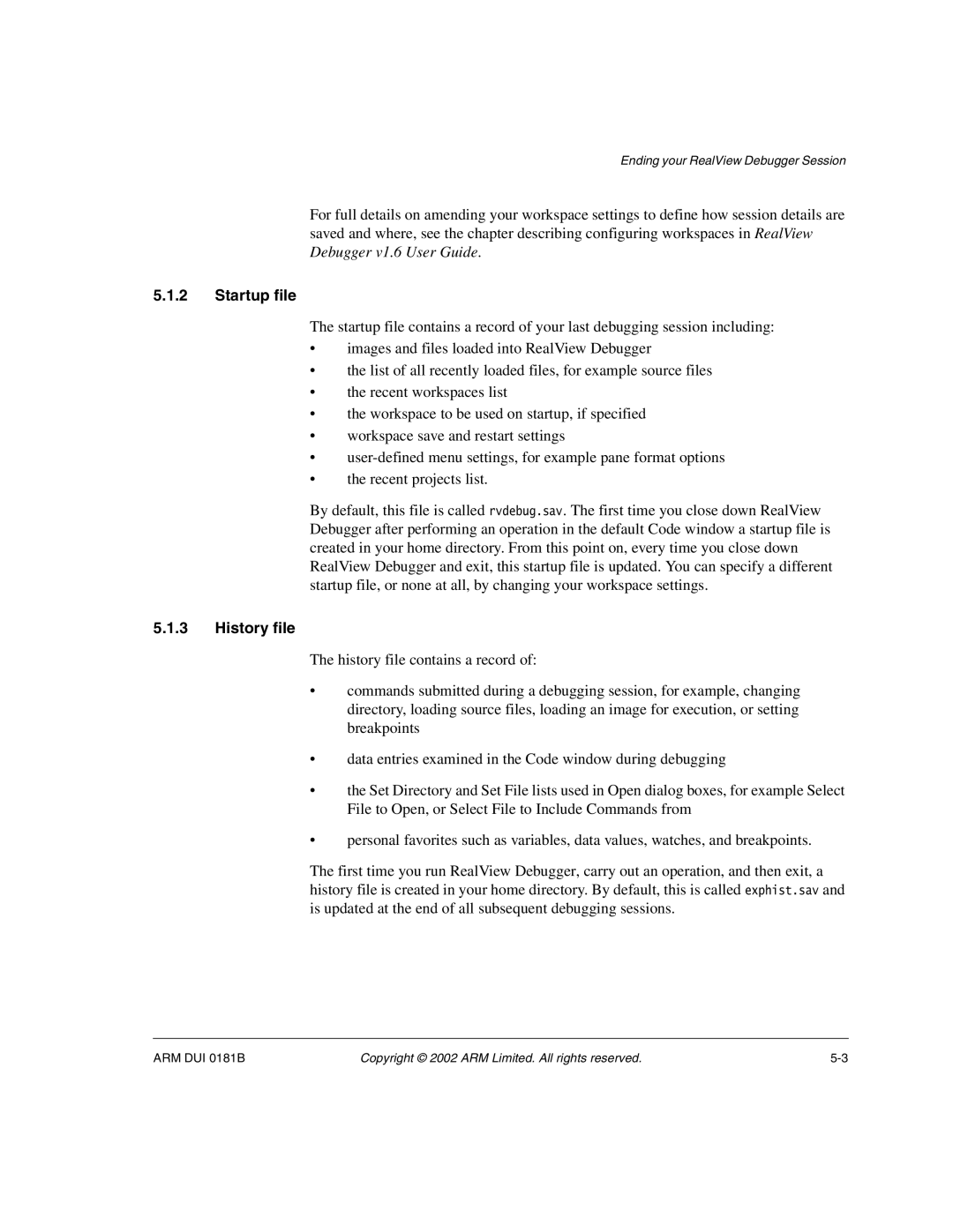 ARM Version 1.6 manual Startup file, History file 