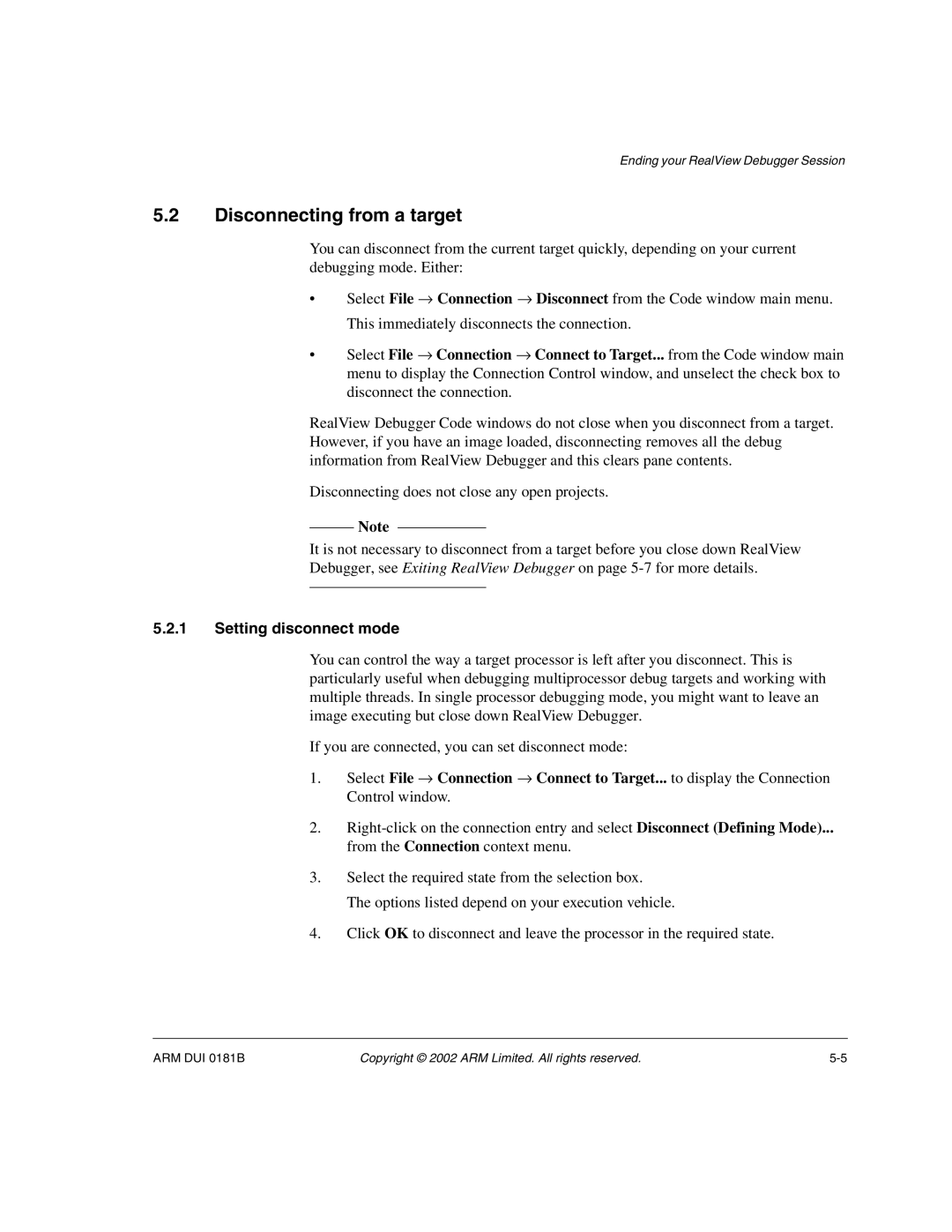 ARM Version 1.6 manual Disconnecting from a target, Setting disconnect mode 