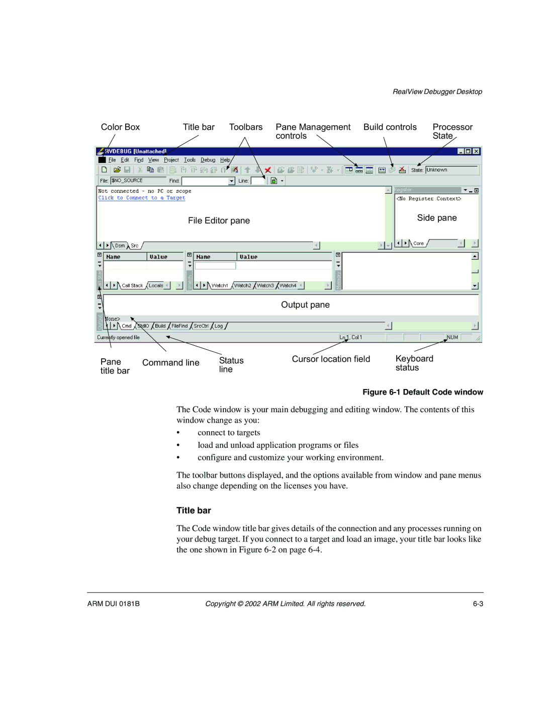 ARM Version 1.6 manual Title bar, Default Code window 