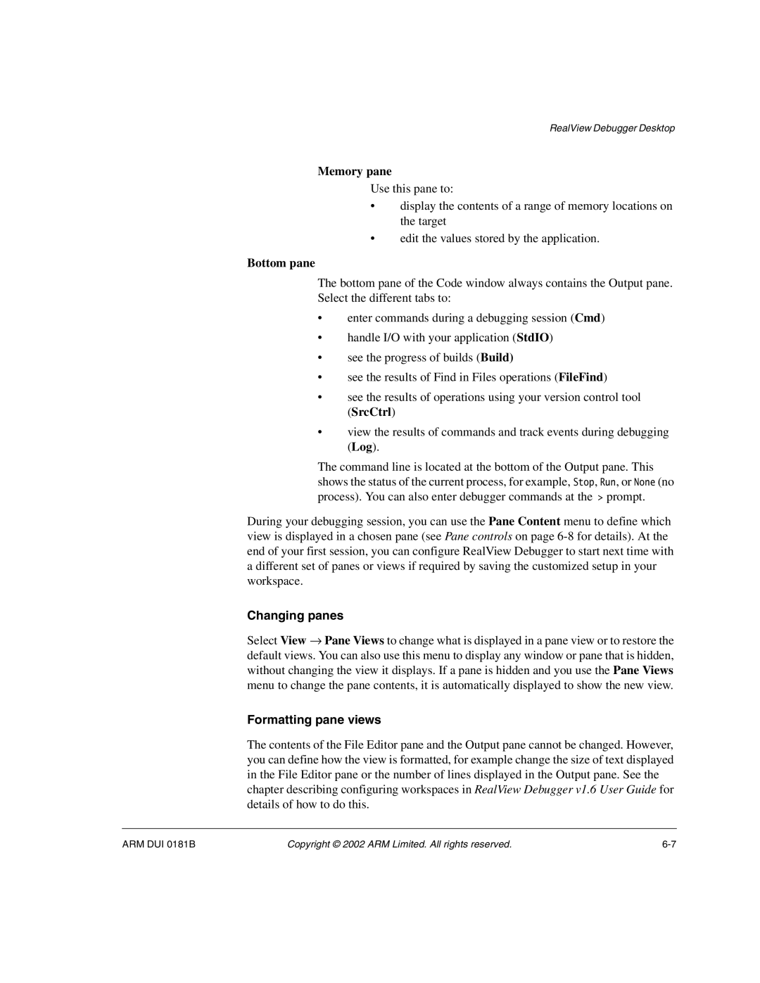 ARM Version 1.6 manual Memory pane, Bottom pane, Changing panes, Formatting pane views 