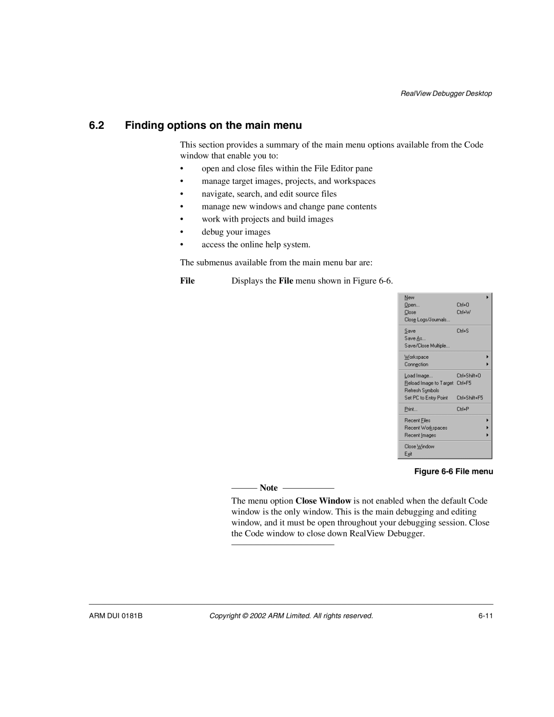 ARM Version 1.6 manual Finding options on the main menu, File 