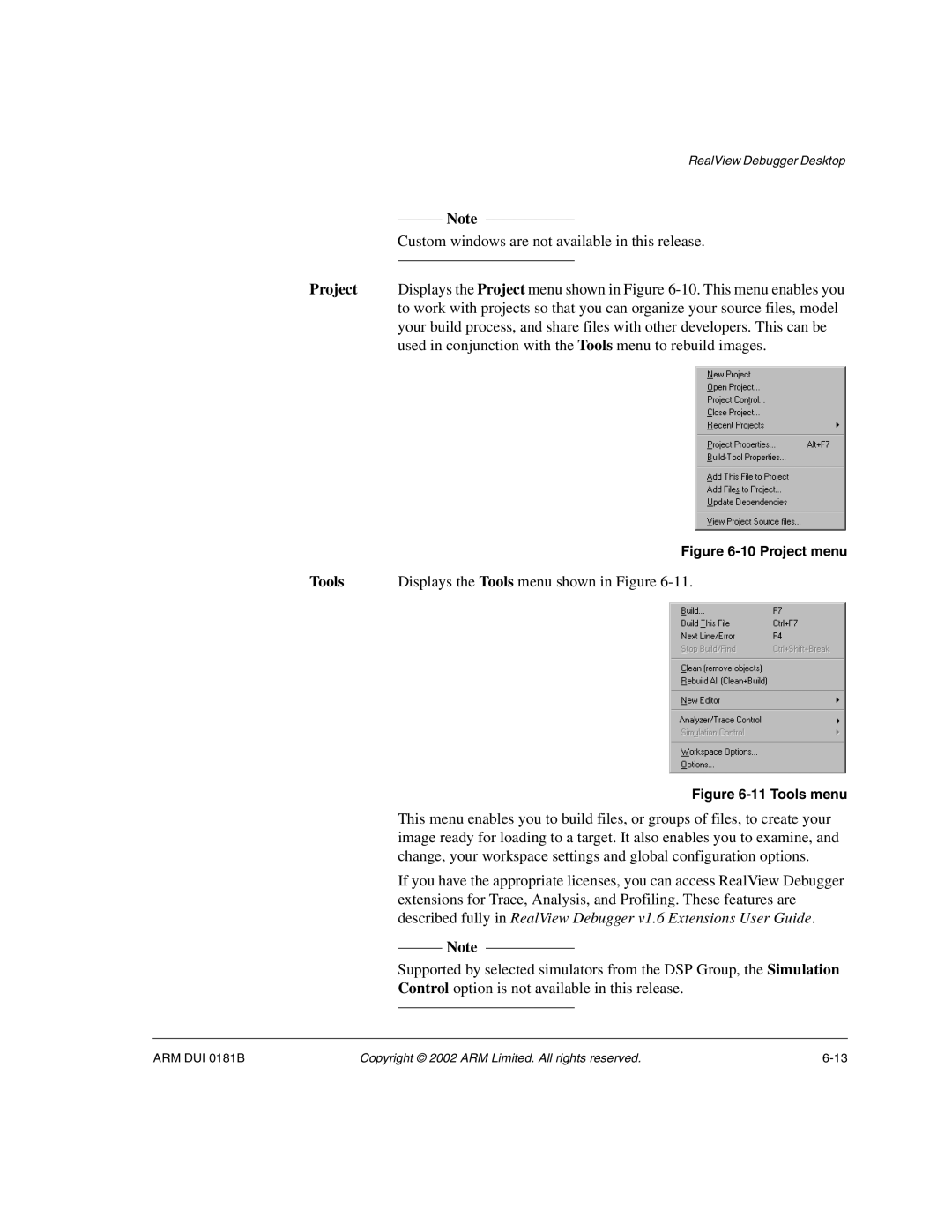 ARM Version 1.6 manual Tools, Project menu 