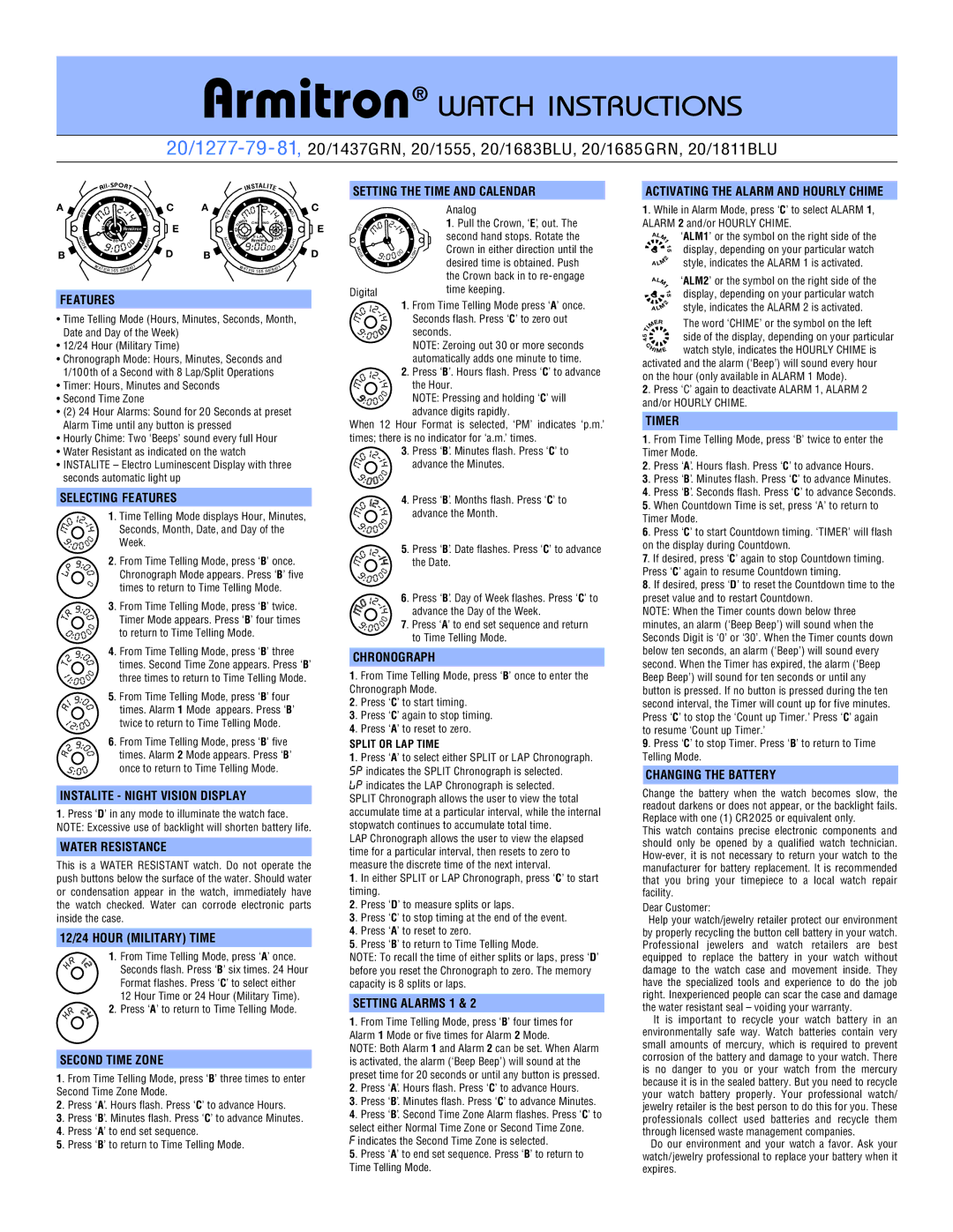 Armitron 20/1685GRN manual Setting the Time and Calendar, Chronograph, Changing the Battery Instalite Night Vision Display 