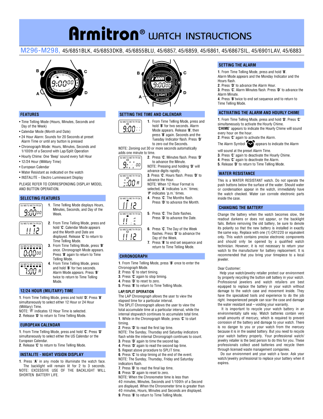 Armitron M296-M298 manual Setting the Alarm, Selecting Features, Setting the Time and Calendar, Water Resistance 