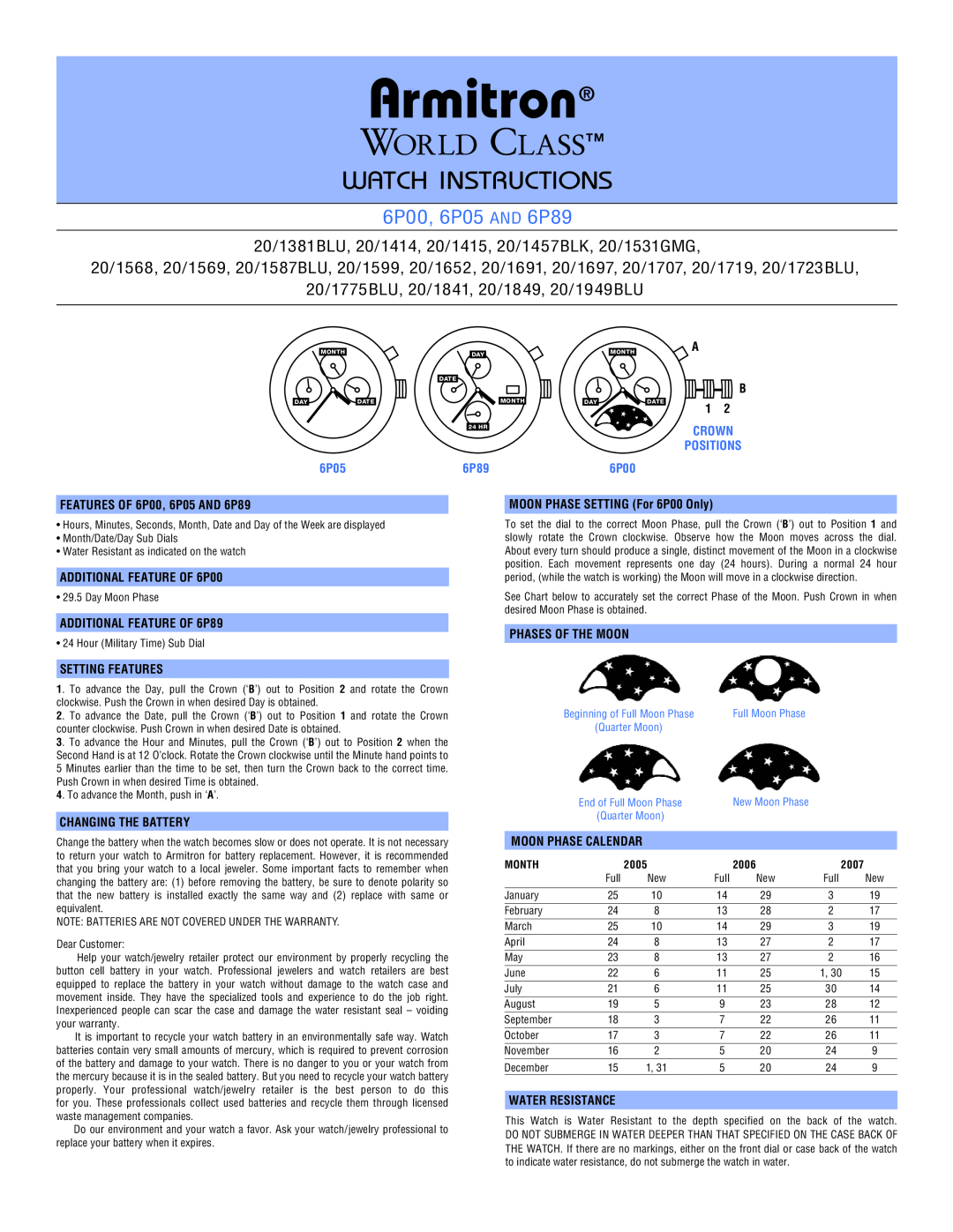 Armitron manual Armitron, Watch Instructions, 6P00, 6P05 AND 6P89, 20/1381BLU, 20/1414, 20/1415, 20/1457BLK, 20/1531GMG 