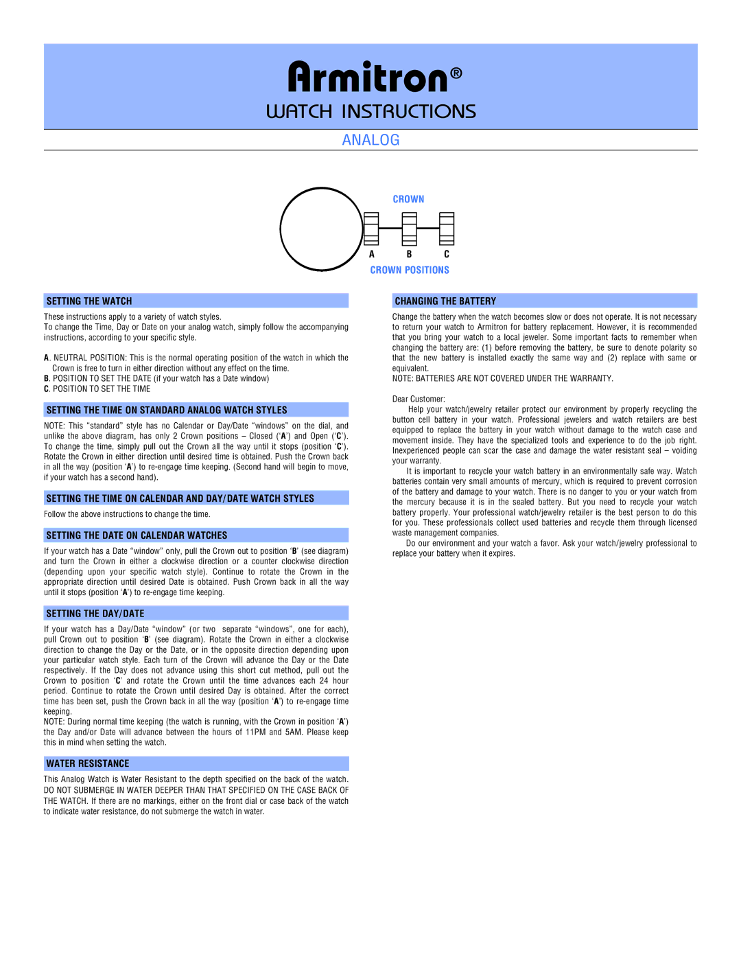 Armitron Analog manual Armitron, Watch Instructions, Crown Crown Positions 