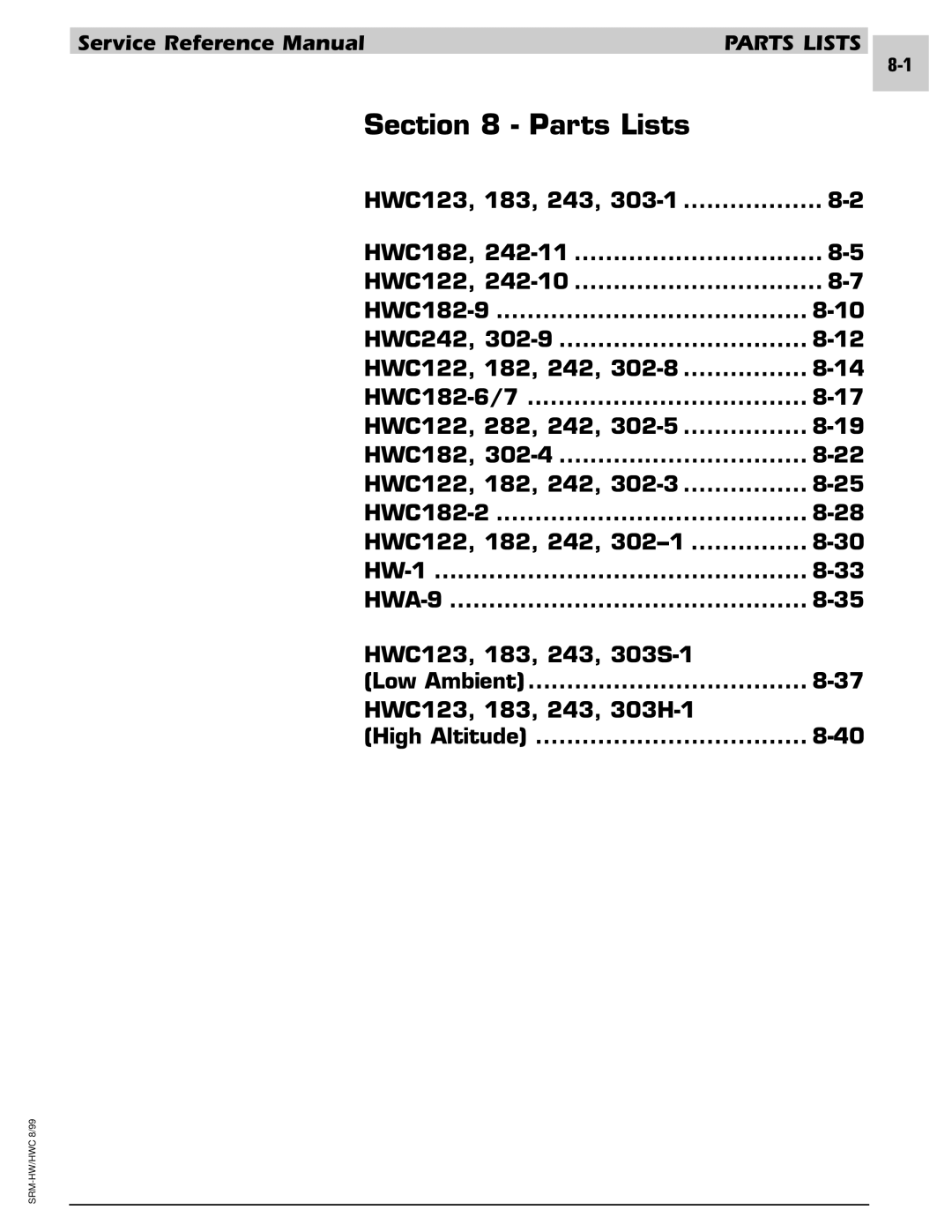 Armstrong World Industries 302, 242, 122, 203 Parts Lists, HW-1 HWA-9 HWC123, 183, 243, 303S-1, HWC123, 183, 243, 303H-1 