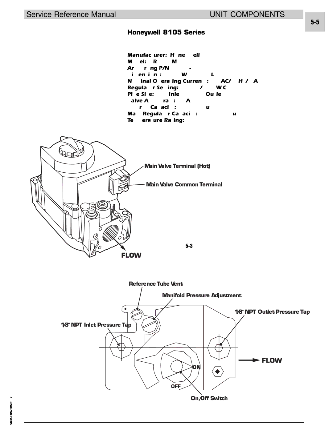 Armstrong World Industries 123, 243, 302, 242, 122, 203, 182, 183 manual Honeywell 8105 Series, Gas Valve Specifications 