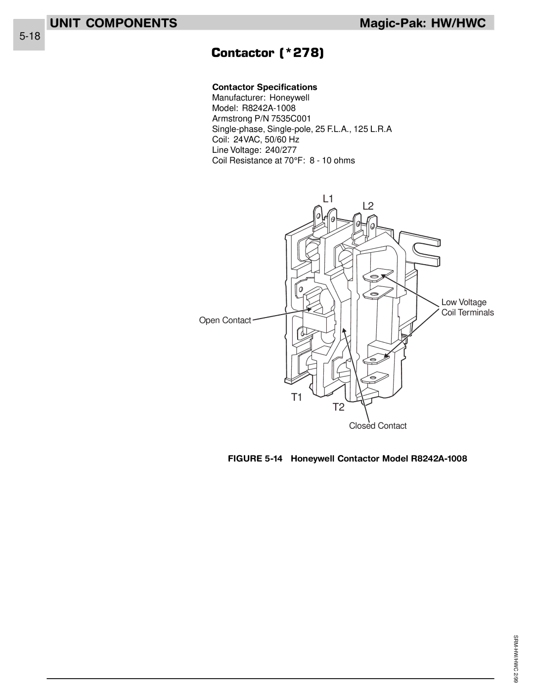 Armstrong World Industries 302, 243, 242, 122, 123, 203, 182, 183 manual Contactor *278, Contactor Specifications 