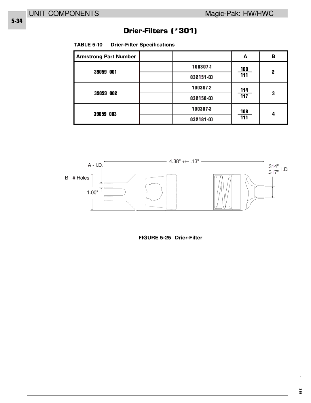 Armstrong World Industries 302, 243, 242, 122, 123, 203 Drier-Filters *301, Drier-Filter Specifications Armstrong Part Number 