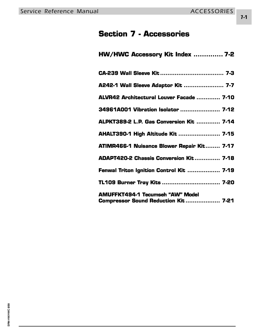 Armstrong World Industries 122, 243, 302, 242, 123, 203, 182 Accessories, Service Reference Manual, HW/HWC Accessory Kit Index 