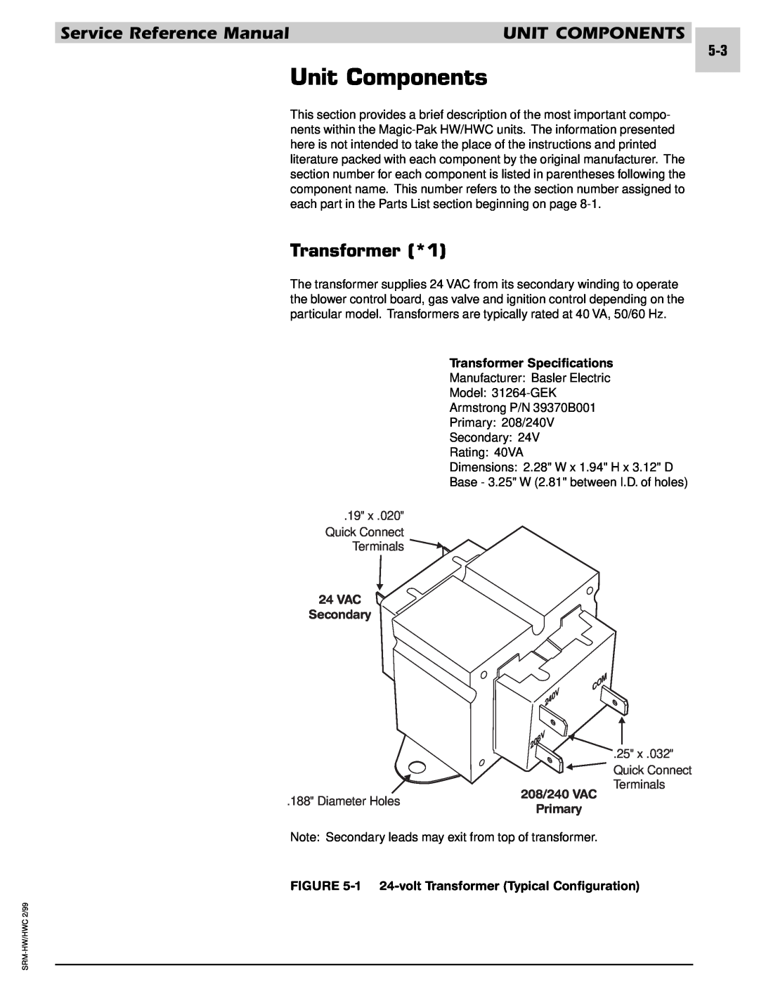 Armstrong World Industries 242, 243, 302 Unit Components, Transformer Specifications, VAC Secondary, 208/240 VAC, Primary 