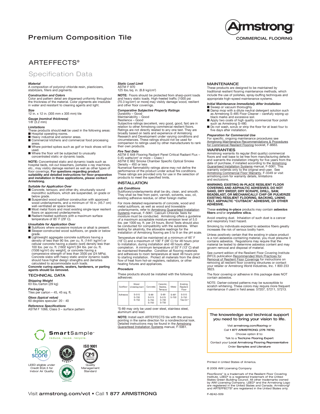 Armstrong World Industries 57203, 57213, 57217, 57215, 57201, 57202 manual Technical Data, Installation, Maintenance, Warranties 