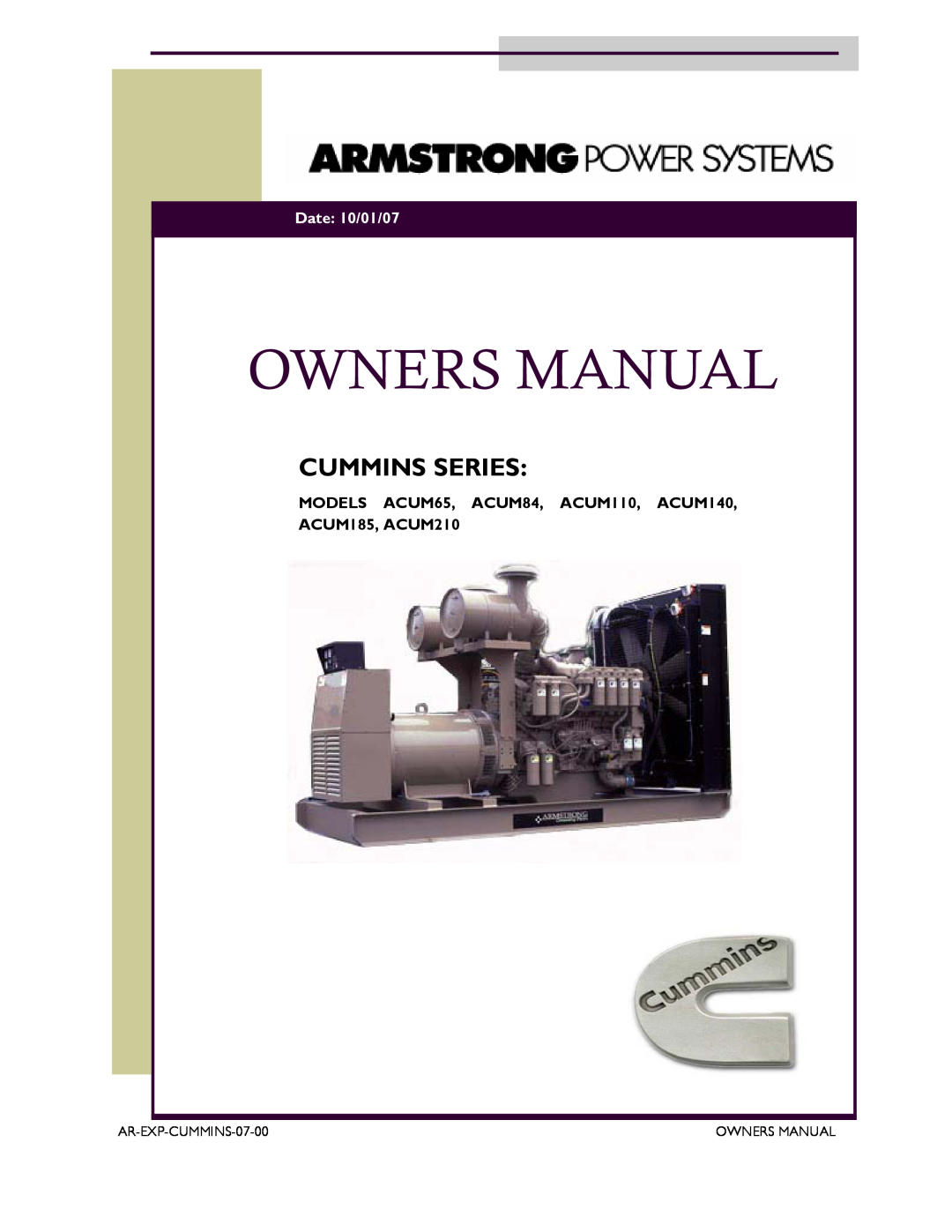 Armstrong World Industries ACUM140, ACUM84, ACUM185, ACUM65 owner manual Cummins Series, Owners Manual, Date 10/01/07 