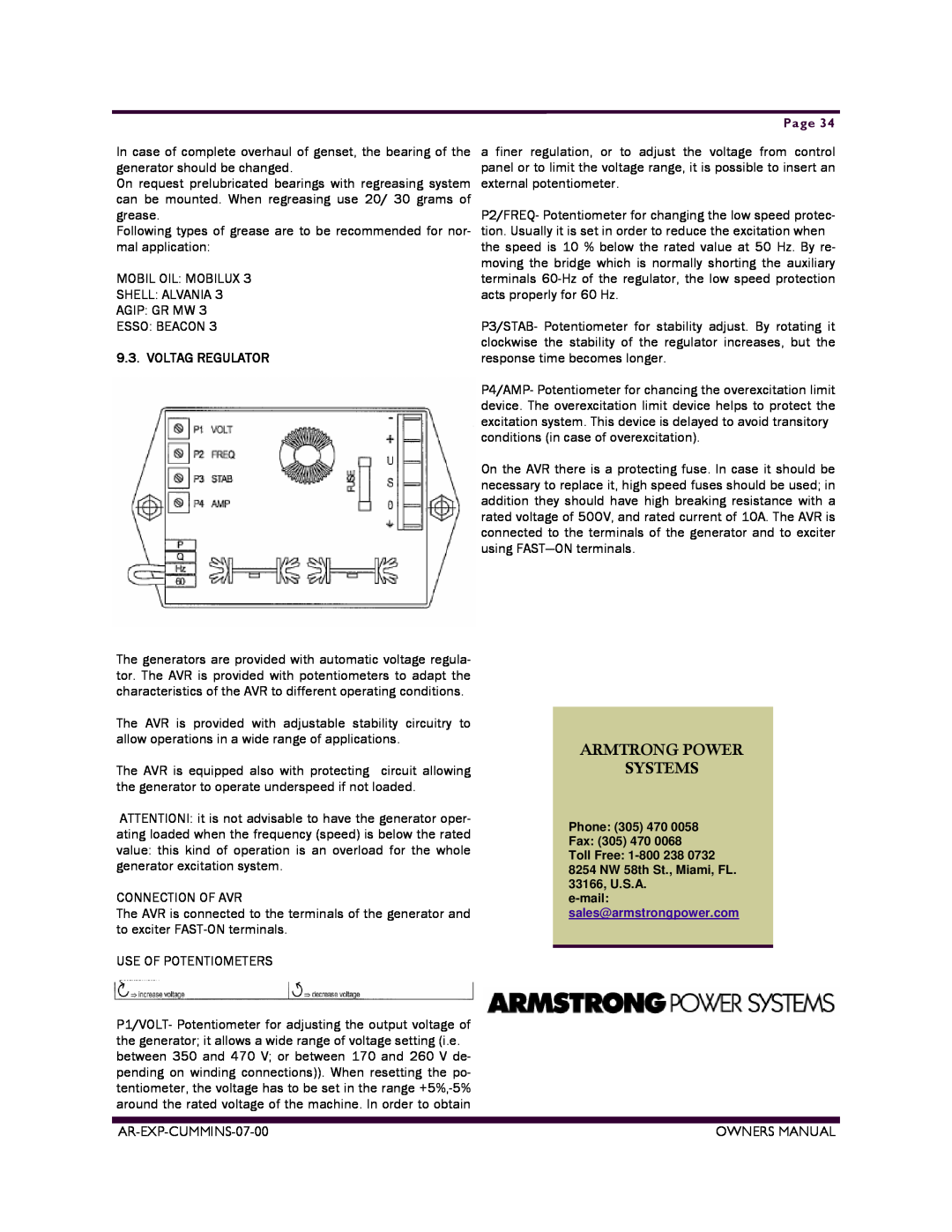 Armstrong World Industries ACUM110, ACUM84, ACUM140, ACUM185, ACUM65, ACUM210 Armtrong Power Systems, Voltag Regulator 