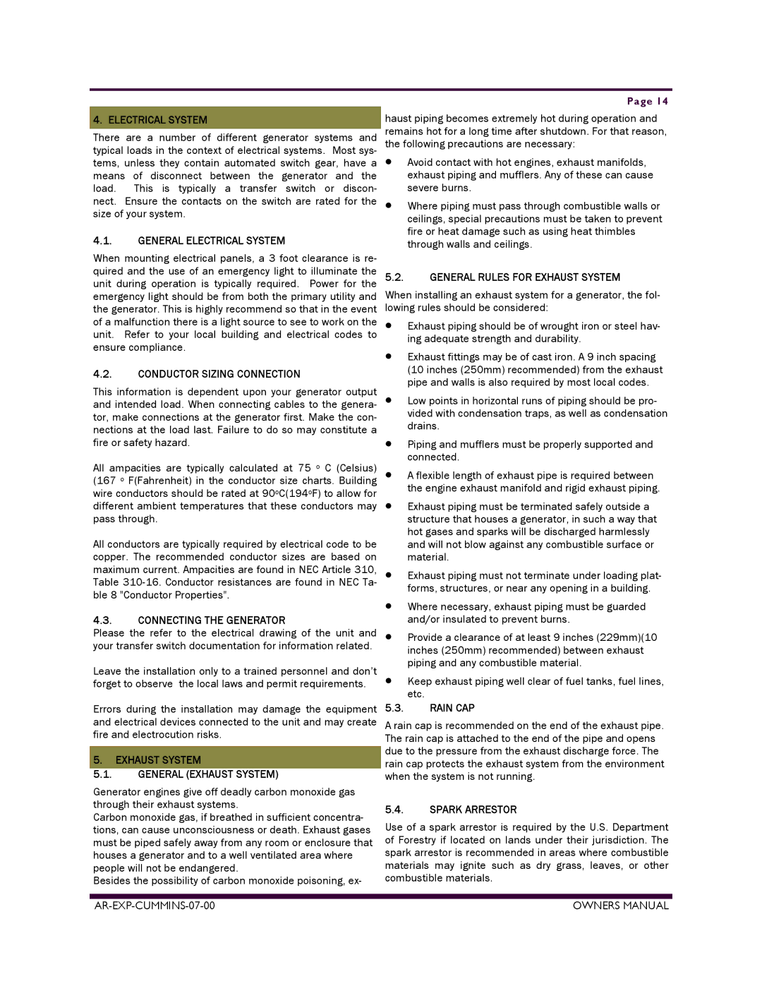 Armstrong World Industries ACUM185, ACUM84 General Electrical System, General Rules for Exhaust System, Rain CAP 