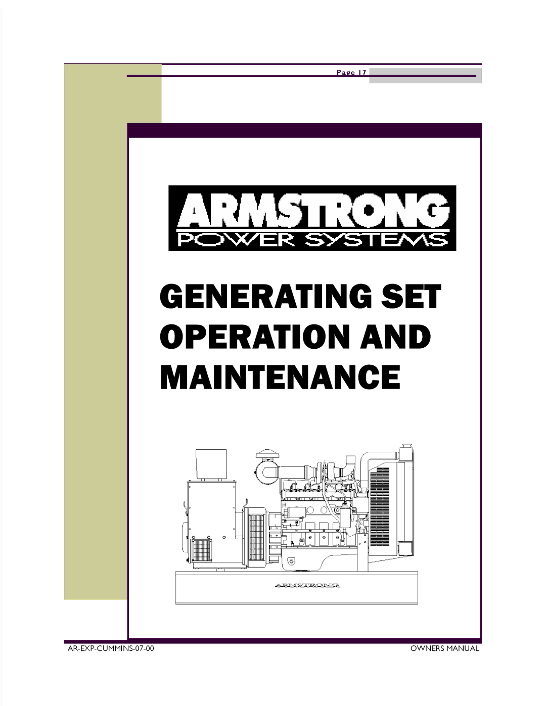 Armstrong World Industries ACUM210, ACUM84, ACUM140, ACUM185, ACUM65, ACUM110 owner manual Generating SET Operation Maintenance 