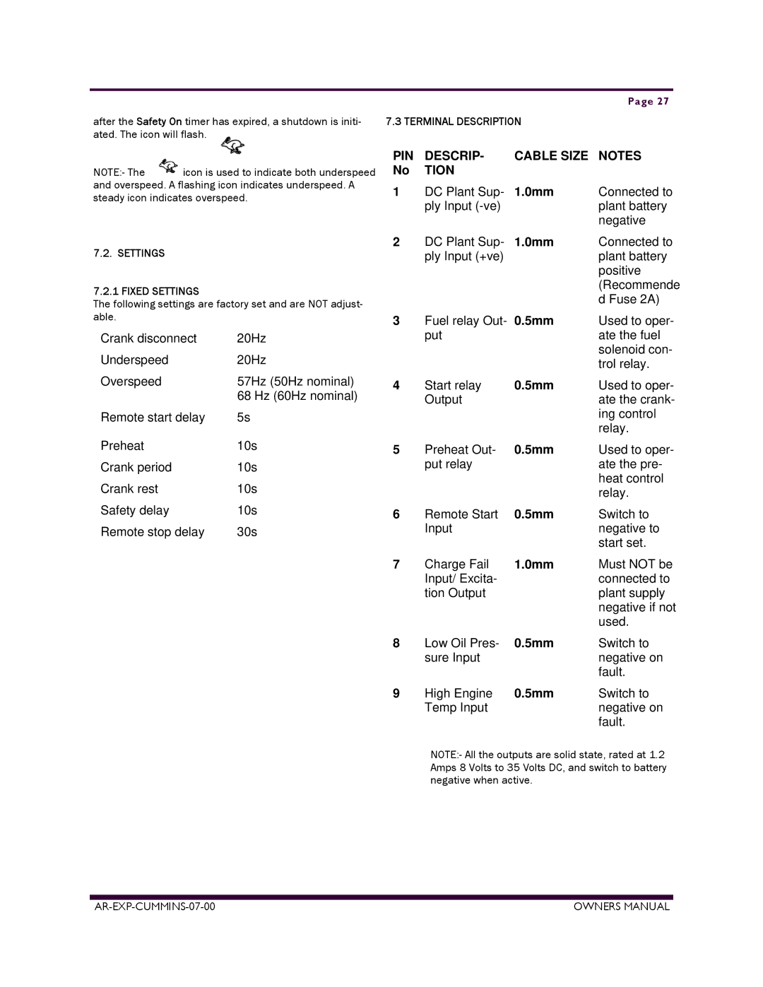 Armstrong World Industries ACUM65, ACUM84, ACUM140, ACUM185, ACUM110, ACUM210 Terminal Description, Settings Fixed Settings 