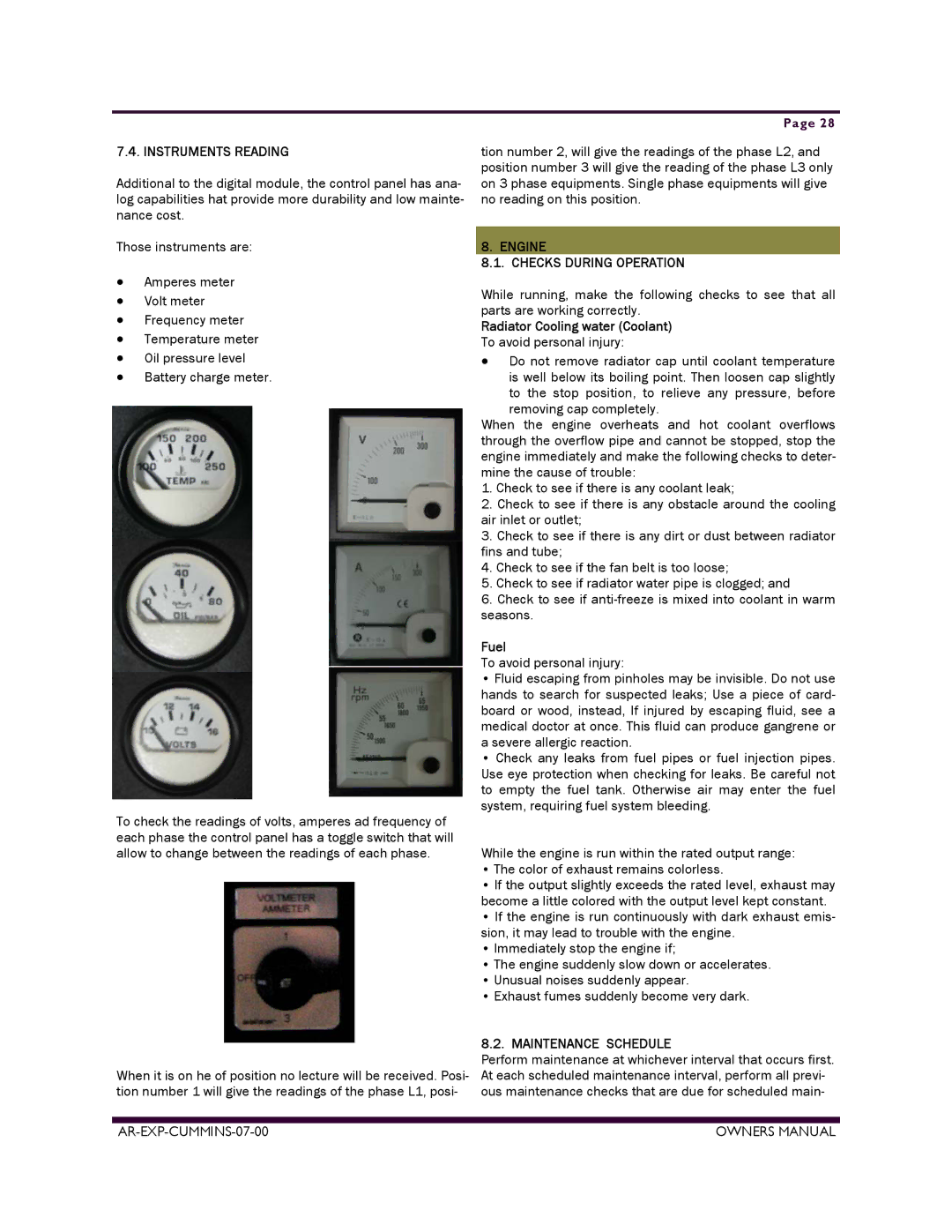 Armstrong World Industries ACUM110 Instruments Reading, Engine Checks During Operation, Radiator Cooling water Coolant 