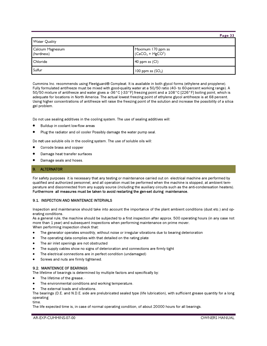 Armstrong World Industries ACUM65, ACUM84, ACUM140 Alternator, Inspection and Maintenace Intervals, Maintennce of Bearings 