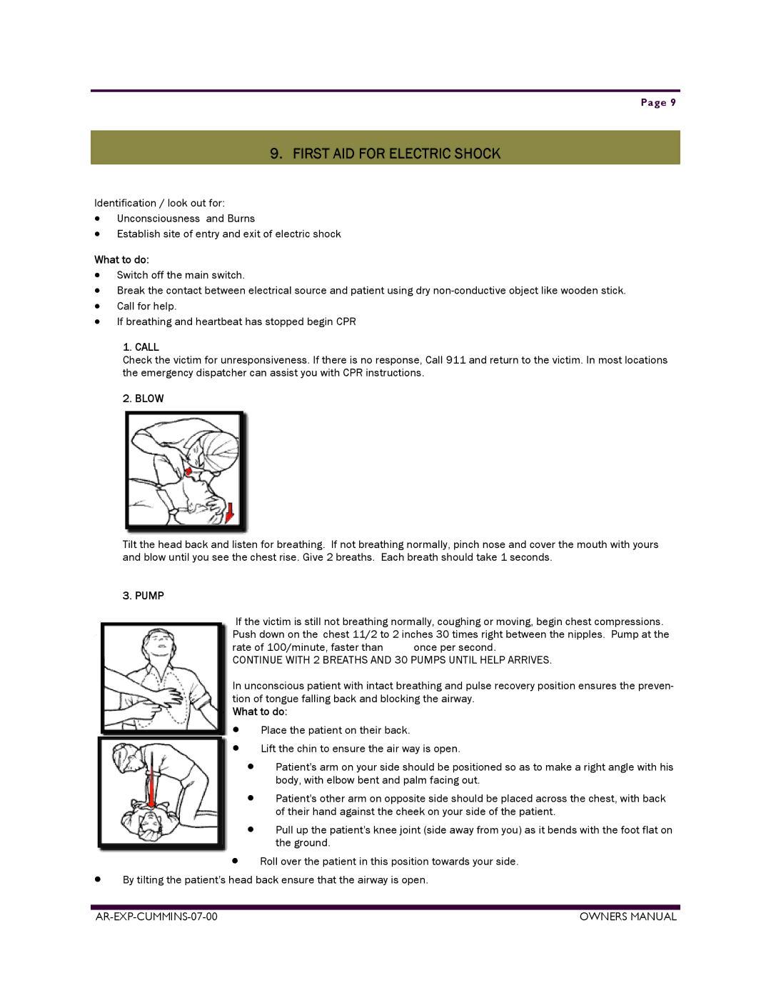 Armstrong World Industries ACUM65, ACUM84, ACUM140, ACUM185 First AID for Electric Shock, What to do, Call, Blow, Pump 