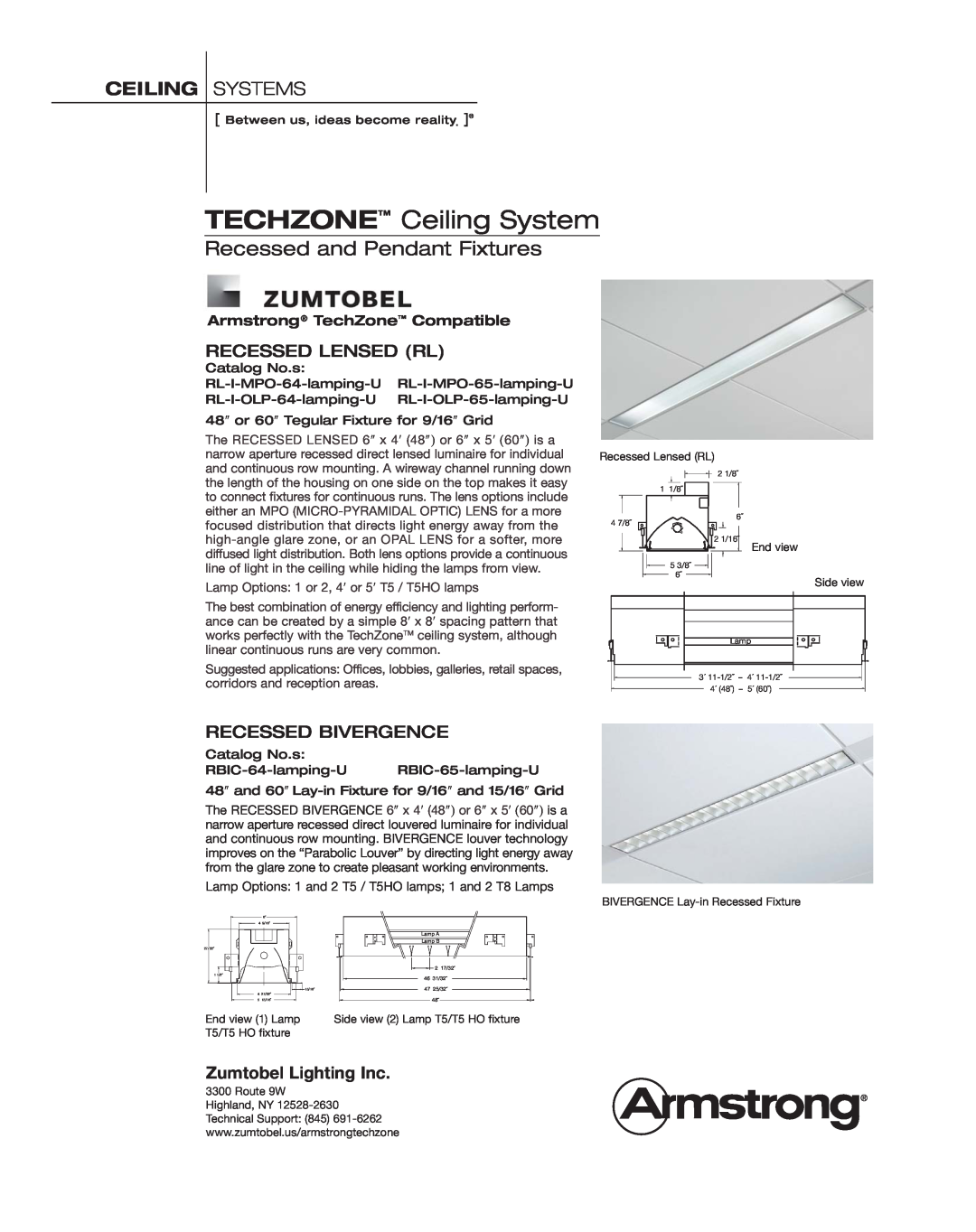 Armstrong World Industries Ceiling Lighting System manual TECHZONE Ceiling System, Recessed and Pendant Fixtures 