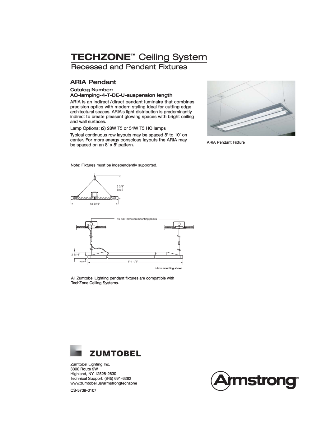Armstrong World Industries Ceiling Lighting System ARIA Pendant, TECHZONE Ceiling System, Recessed and Pendant Fixtures 
