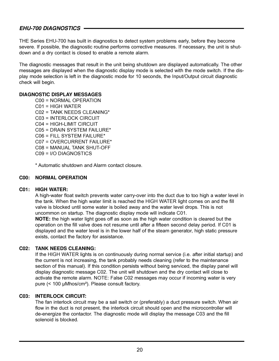 Armstrong World Industries EHU-700 Series manual EHU-700 Diagnostics, Diagnostic Display Messages, C02 Tank Needs Cleaning 