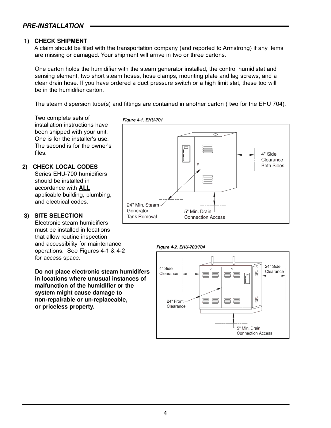 Armstrong World Industries EHU-700 Series, EHU-703 Pre-Installation, Check Shipment, Check Local Codes, Site Selection 