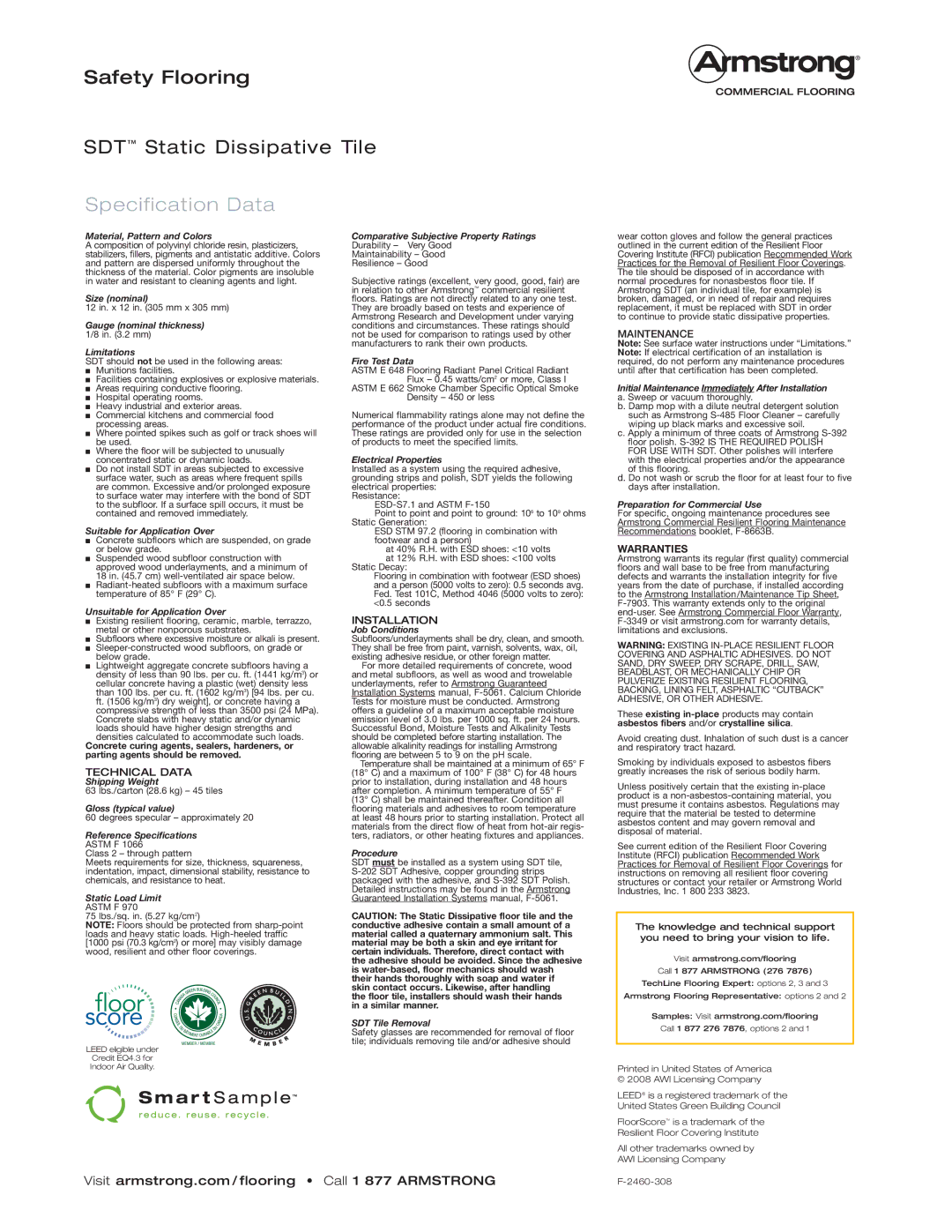 Armstrong World Industries Flooring manual Technical Data, Installation, Maintenance 