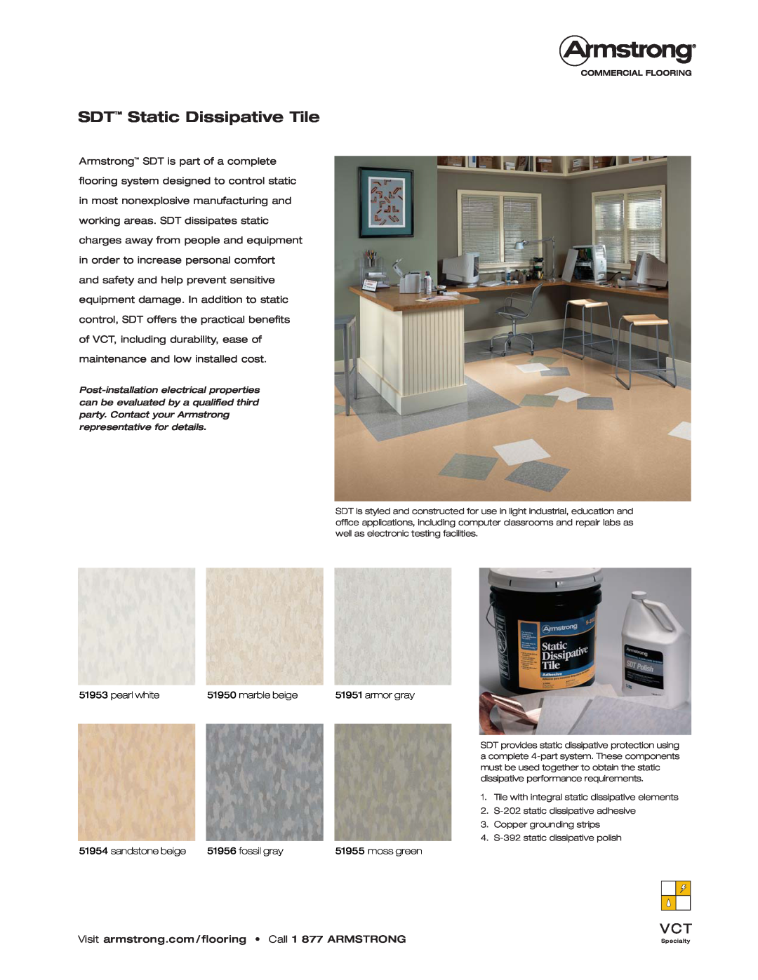 Armstrong World Industries Flooring manual SDT Static Dissipative Tile, pearl white, marble beige, armor gray, fossil gray 