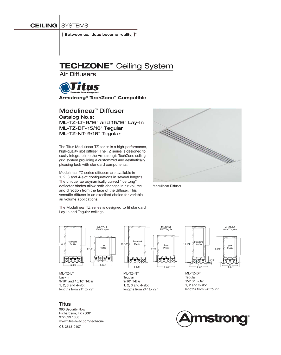 Armstrong World Industries ML-TZ-NT, ML-TZ-DF, ML-TZ-LT manual Techzone Ceiling System, Air Diffusers, Modulinear Diffuser 