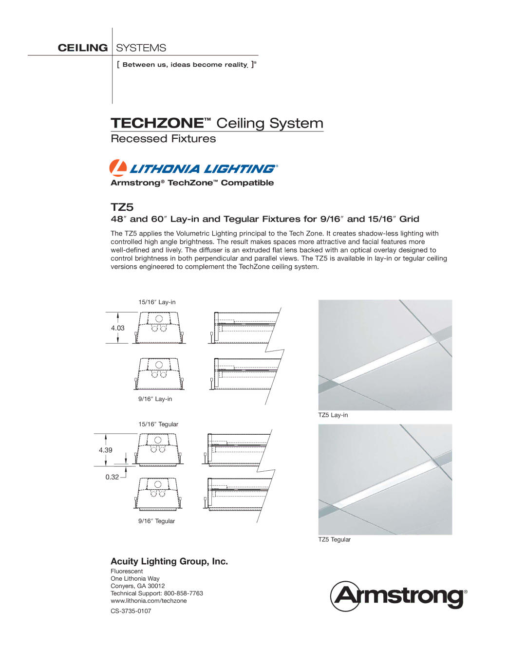 Armstrong World Industries TZ5 manual Techzone Ceiling System 