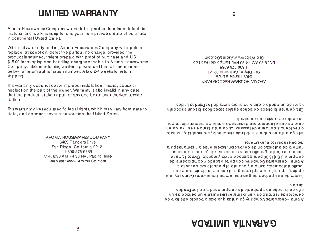 Aroma AAP-340F instruction manual Limitada Garantía 