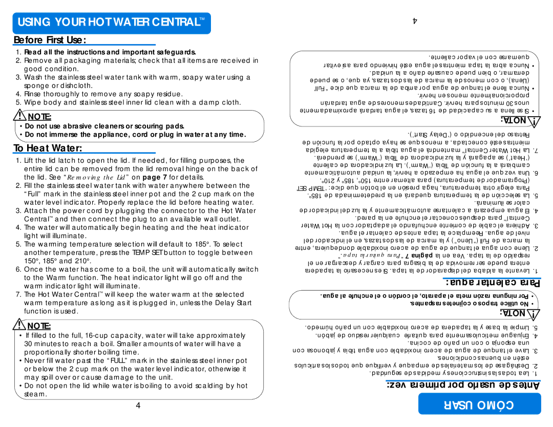 Aroma AAP-340SB instruction manual Using Your HOT Water Central, Usar Cómo, Before First Use, To Heat Water 