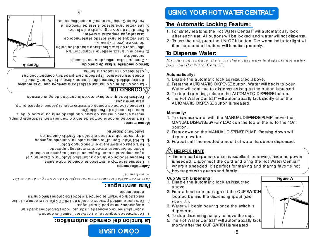 Aroma AAP-340SB Usar Cómo Using Your HOT Water Central, Automatic Locking Feature, To Dispense Water, Agua servir Para 