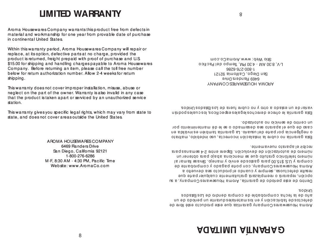Aroma AAP-340SB instruction manual Limited Warranty, Limitada Garantía 