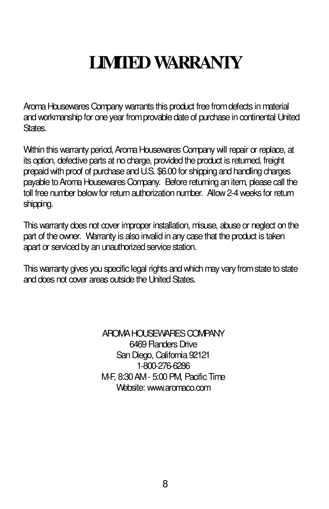 Aroma ABT-103S instruction manual Limited Warranty 