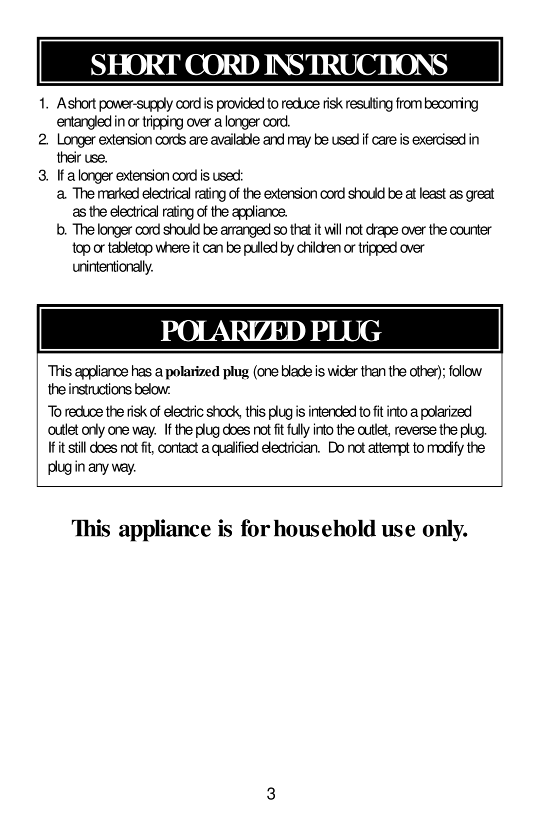 Aroma ABT-103S instruction manual Short Cord Instructions, Polarized Plug 