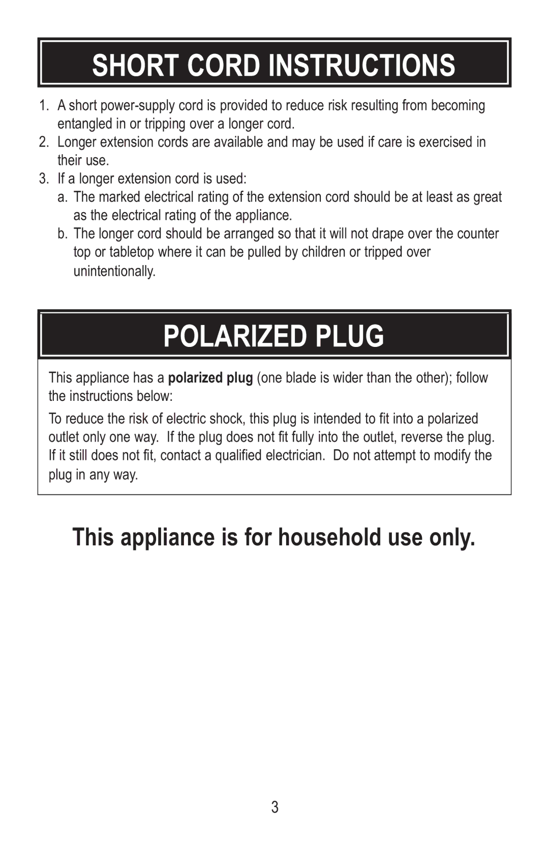 Aroma ABT-106 instruction manual Short Cord Instructions, Polarized Plug 