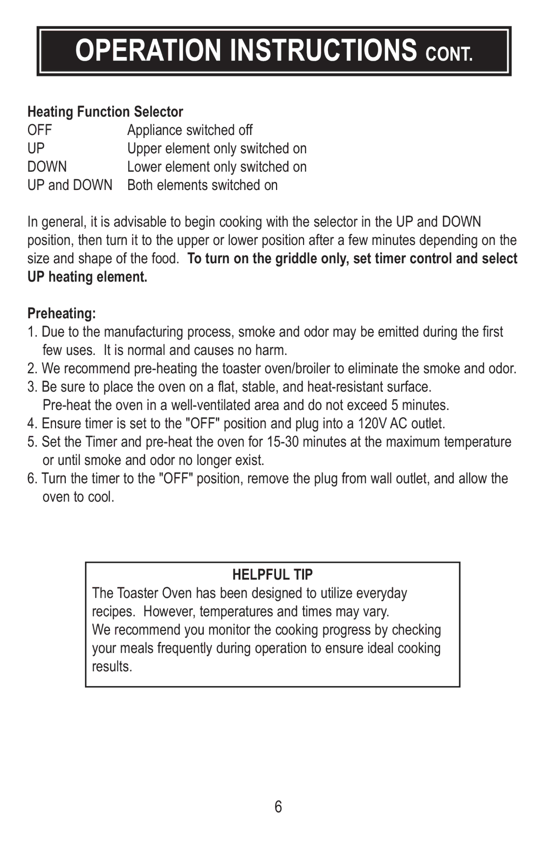 Aroma ABT-106 instruction manual Operation Instructions, Heating Function Selector 