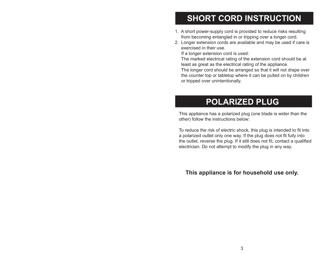 Aroma ABT-218SB instruction manual Short Cord Instruction, Polarized Plug 