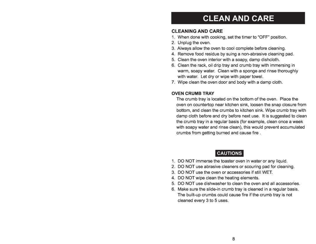 Aroma ABT-218SB instruction manual Clean And Care, Cleaning And Care, Oven Crumb Tray, Cautions 