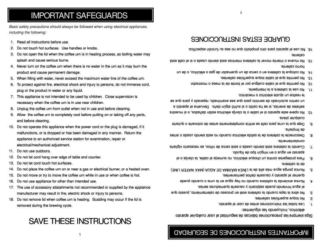 Aroma ACU-040 instruction manual Important Safeguards, Save These Instructions, Instrucciones Estas Guarde 