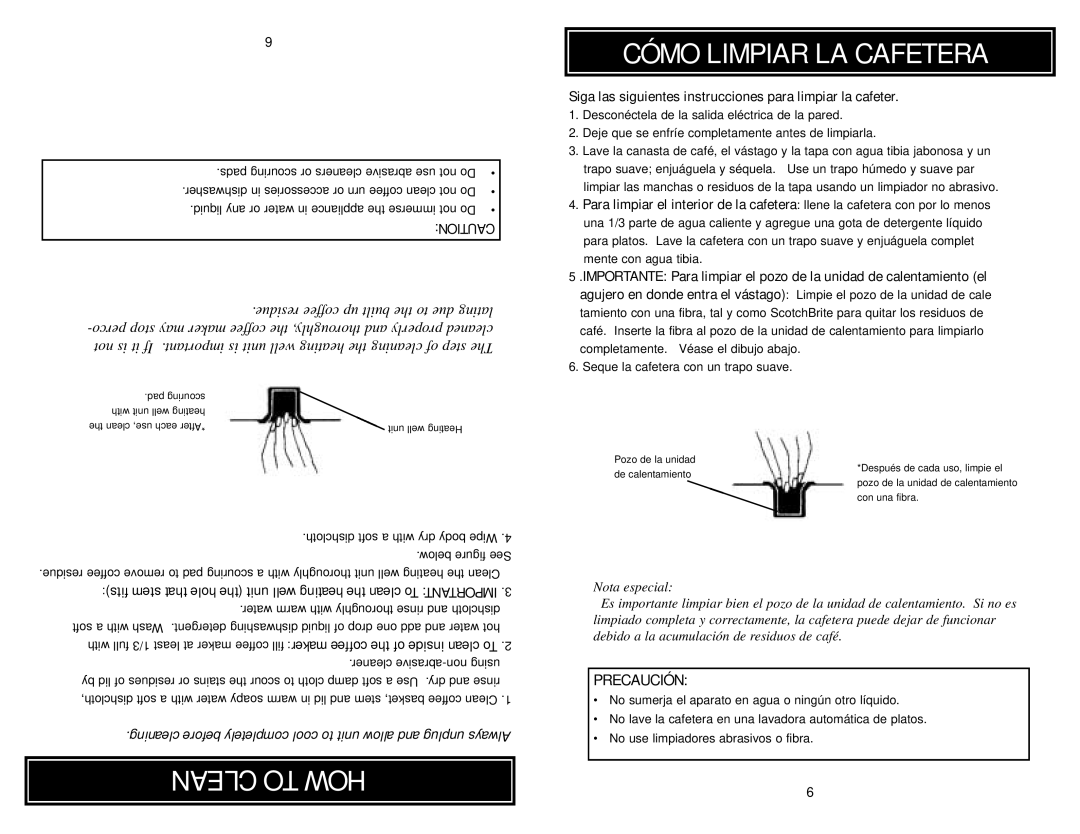 Aroma ACU-040 instruction manual Clean To How, Cómo Limpiar La Cafetera, Precaución 